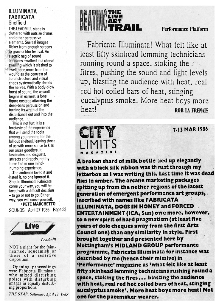 Reviews from The Sheffiled Star, Sounds, Performance Magazine and City Limits Magazine.