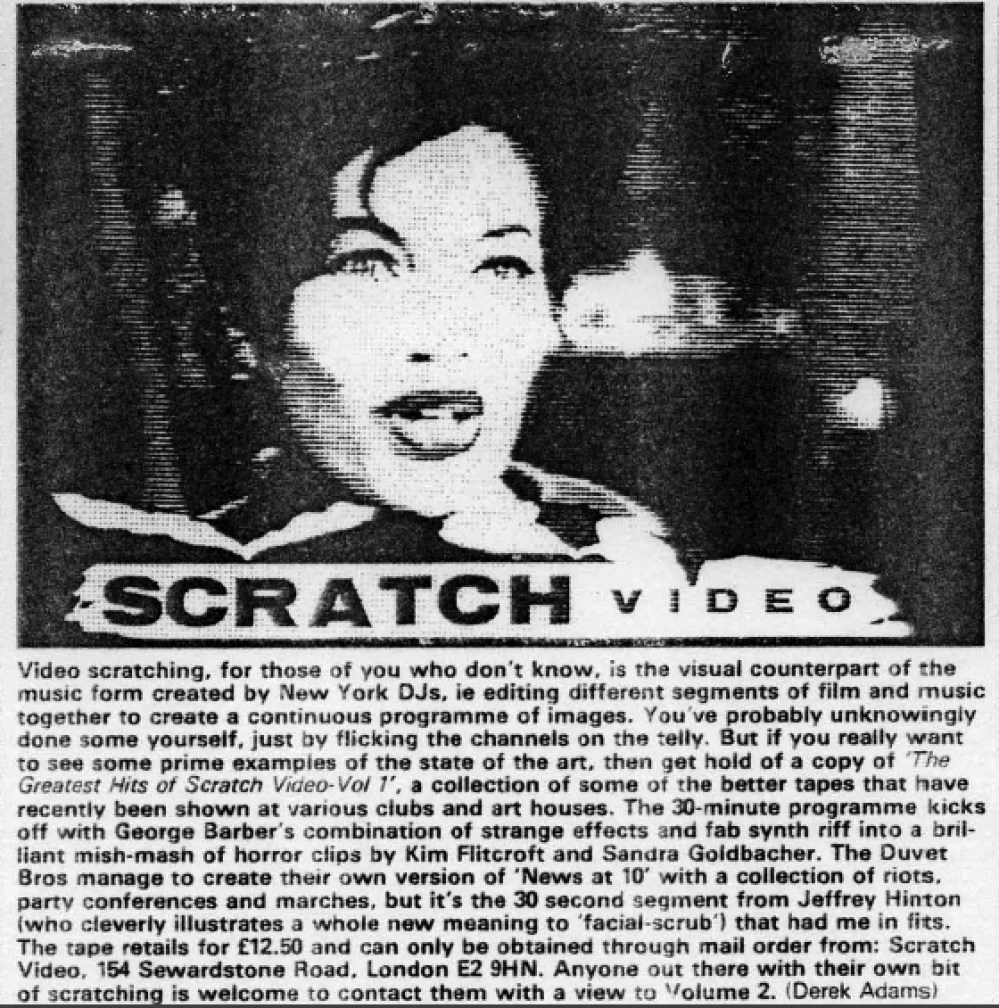 City Limits Magazine feature on George Barber's 'Greatest Hits of Scratch Video' VHS cassette release.